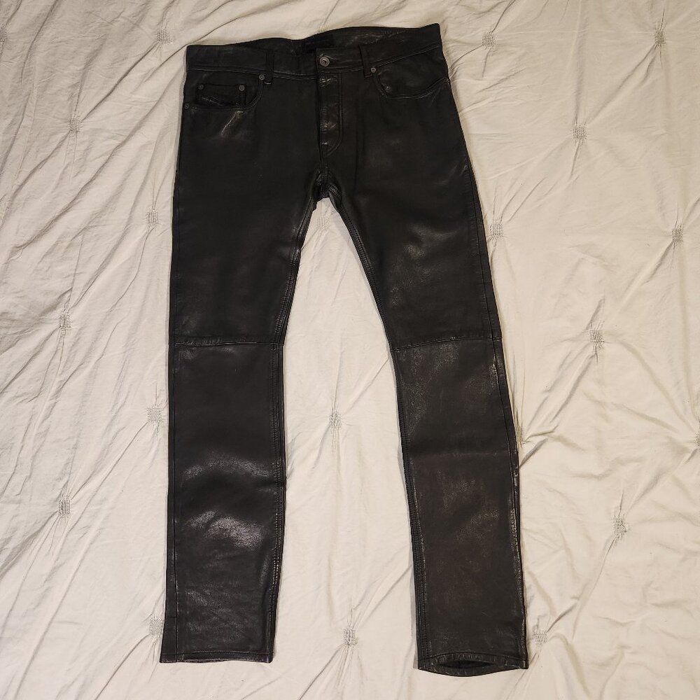 Diesel Black Gold Slim Fit Black Leather Pants